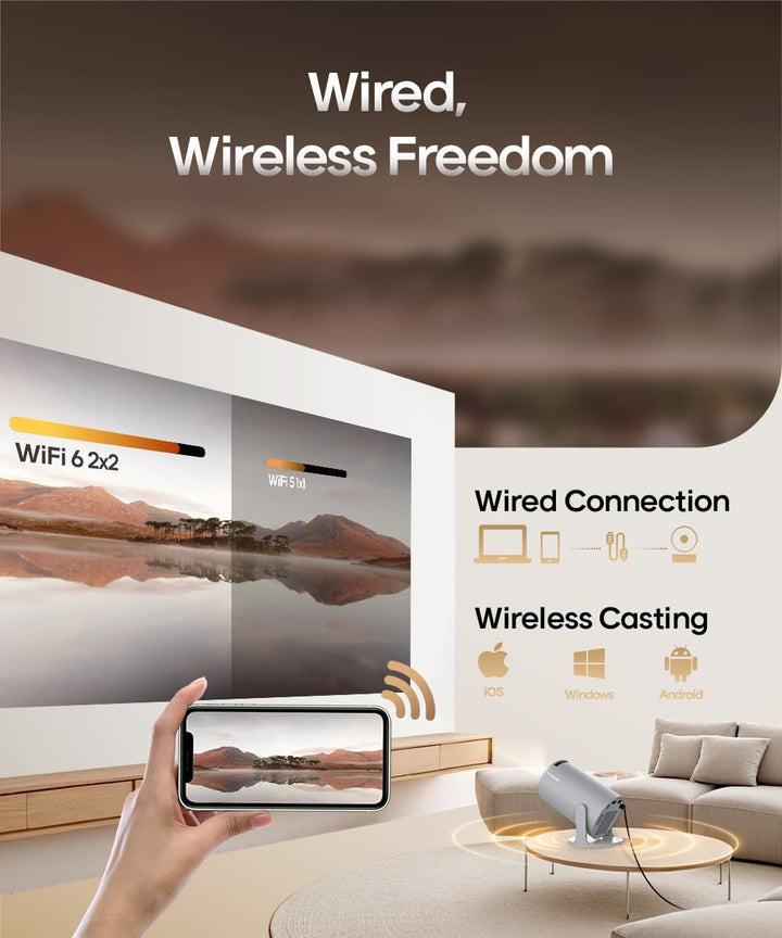 Automatische Trapezkorrektur Mini Tragbarer Beamer, 4K/ 200 ANSI Smart Projektor mit WiFi6, BT 5.0,