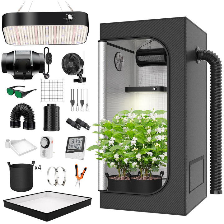 Growzelt Komplettset Anbau Set mit 200W LED Vollspektrum Grow Lampe Dimmbar, 140x140x200cm GrowZelt