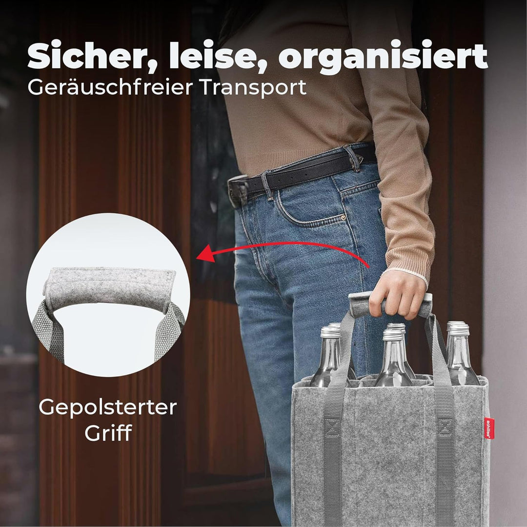 achilles Flaschentasche 6 Fächer je 1,5 Liter – 100% recycelter Filz – Reissfester Flaschenkorb – Fa