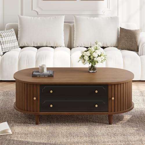 Merax Wohnzimmer Couchtisch – Walnussholz + Schwarz, 100 x 50 x 36 cm, 2 Rolltüren, 2 Schubladen, Be