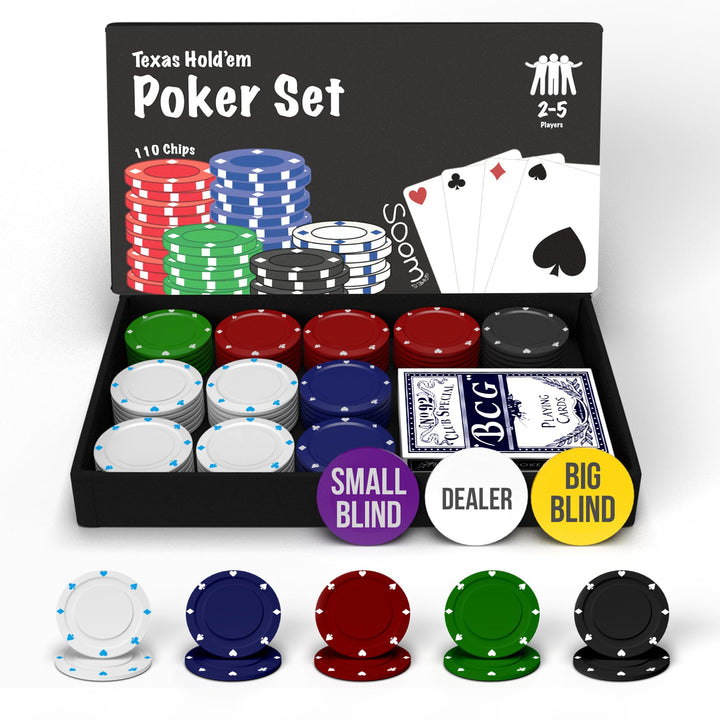 Poker Set - Enthält Pokerspiel 110 Chips Perfekt für 2-5 Spieler, Poker Chips Set, Spielkarten, Deal