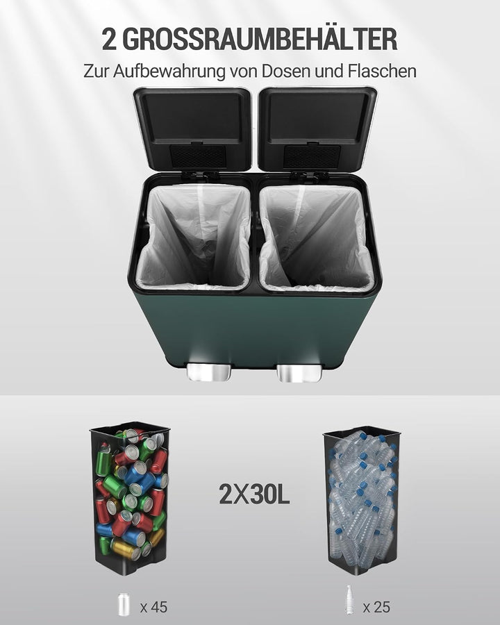 Hzuaneri Mülleimer Küche, 2 x 30 L, Mülltrennsystem 2 Fächer 60 L, Edelstahl-küchenmülleimer, Tretmü