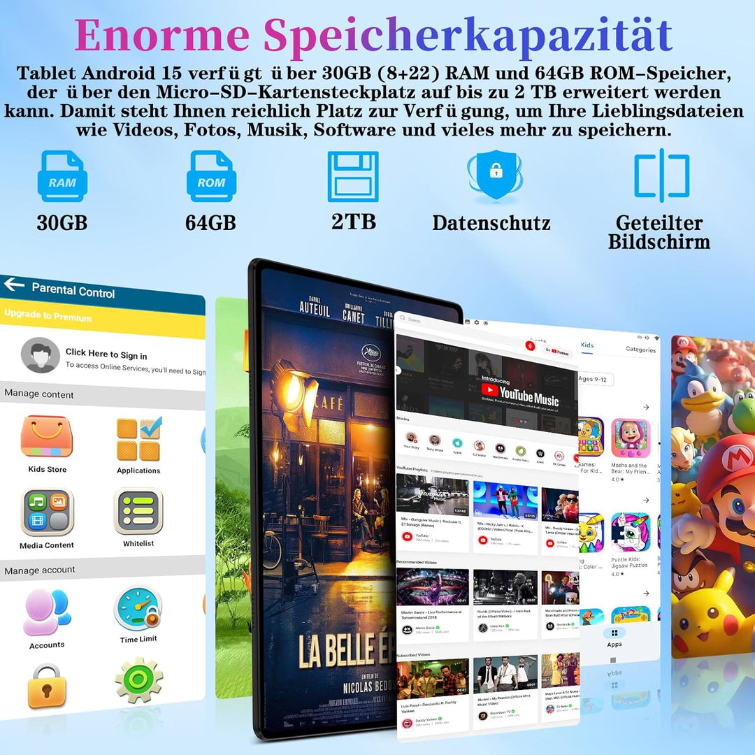 ZIOVO Kinder Tablet 10 Zoll Android 15 mit 30GB RAM+64GB ROM(TF 1TB), 5G WiFi, Gemini AI, Octa-Core,