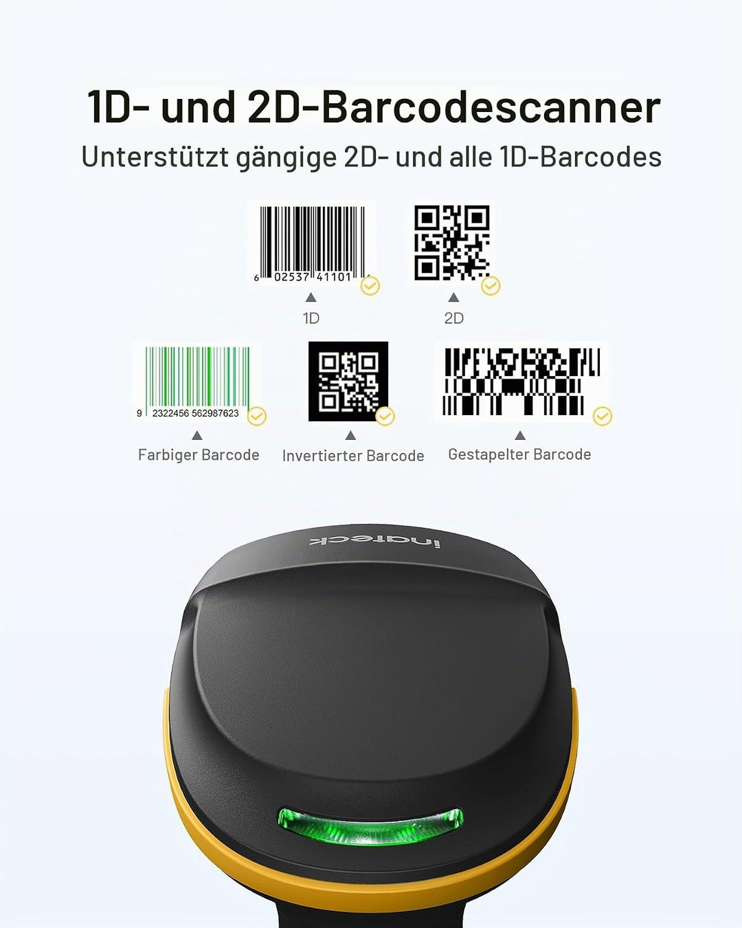 Inateck Barcode Scanner Kabellos mit Ladestation, 1D/2D/QR, BCST-54 Schwarz, schwarz