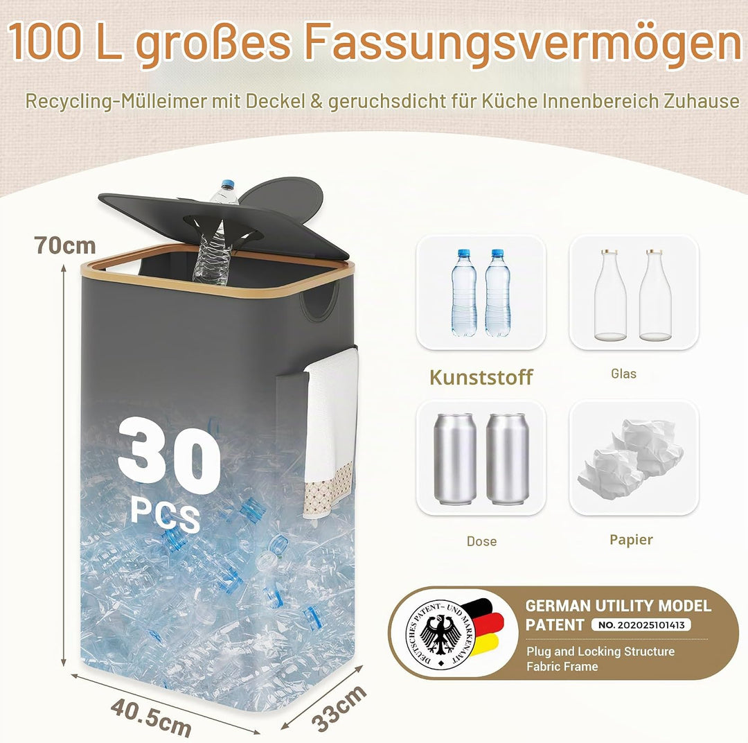YOUDENOVA 100L Pfandflaschen Sammelbehälter mit Deckel, Geruchsdicht, Recyclingbehälter mit waschbar