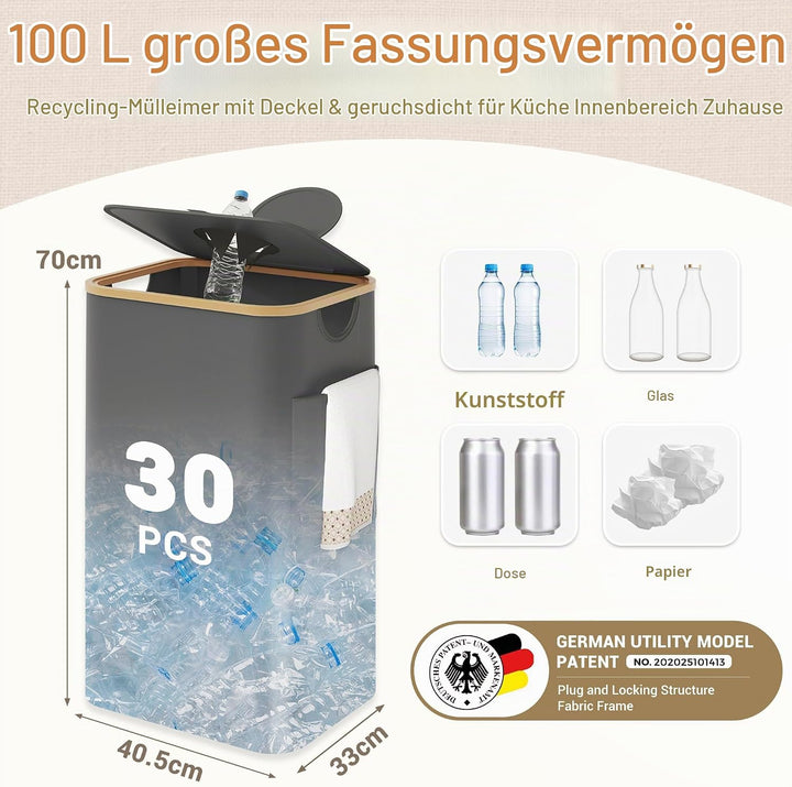 YOUDENOVA 100L Pfandflaschen Sammelbehälter mit Deckel, Geruchsdicht, Recyclingbehälter mit waschbar