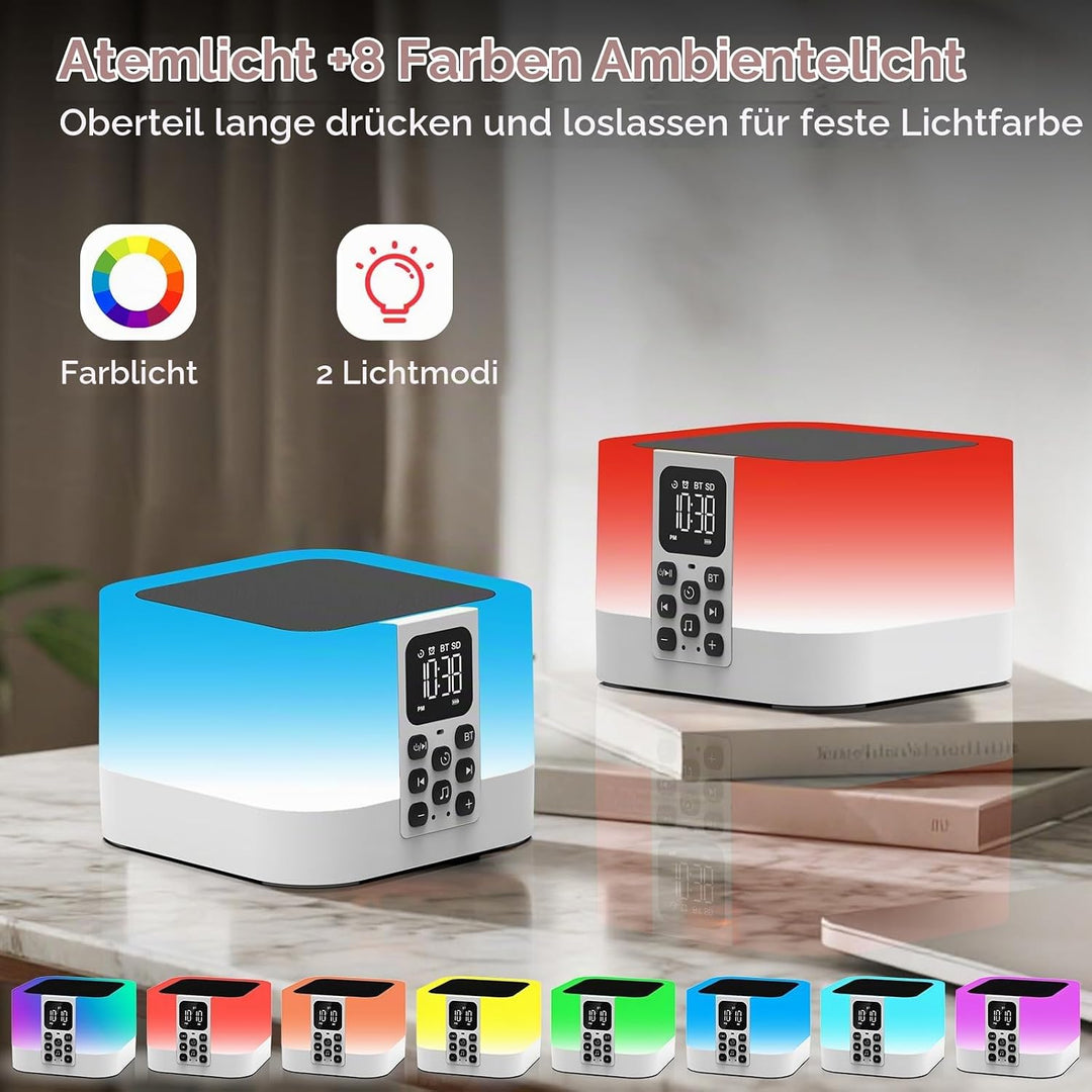 Bluetooth Lautsprecher mit Nachttischlampe Touch Dimmbar und Wecker Digital Weiss, Weiss