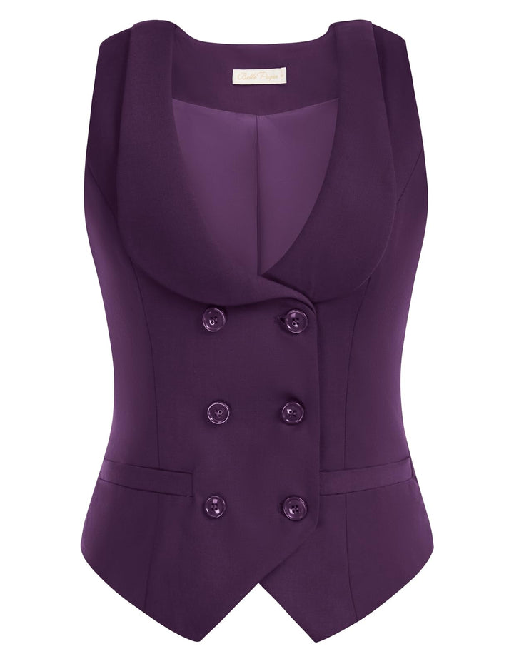 Belle Poque Damen Weste mit Gebogenes Revers V-Ausschnitt Karierte Weste mit Zwei Taschen Geometrisc