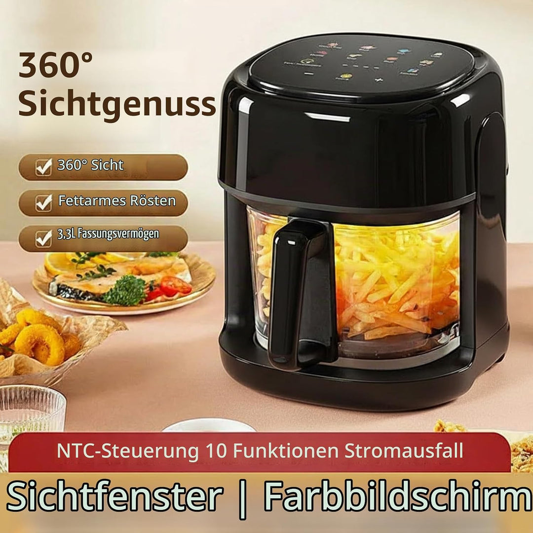 3,3L Heissluftfritteuse mit Sichtfenster &amp; Full Touch Screen, 8 Programme Kompakter Airfryer 360° He