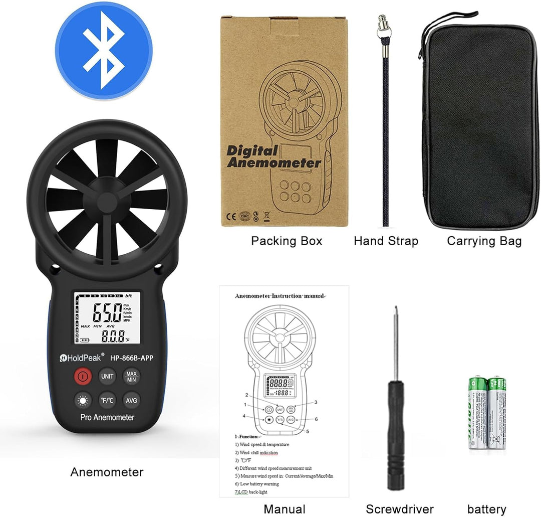 Anemometer Bluetooth Wireless Handheld 866B-APP, Anemometer Bluetooth Windmessgerät misst Windgeschw