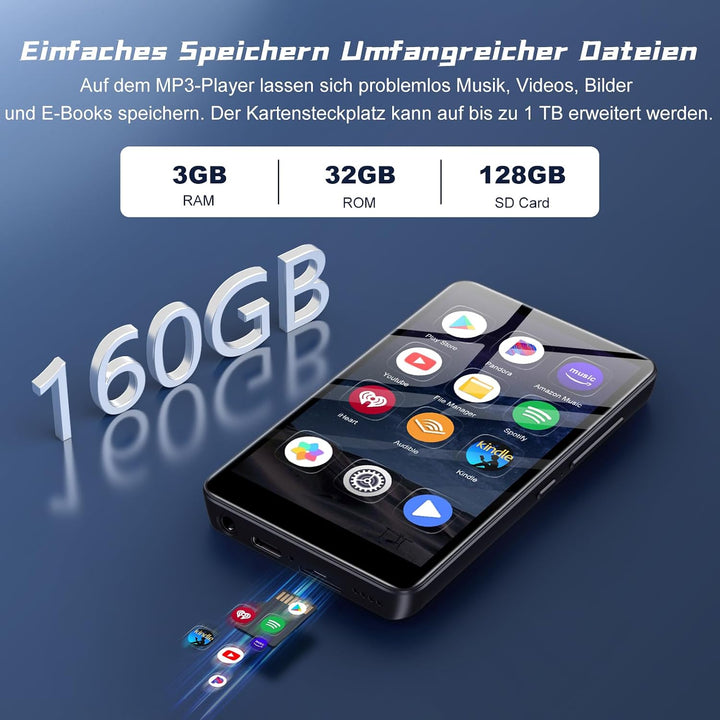 Diofox M9 160GB MP3 Player mit Bluetooth und WLAN, Android 13, 4,02 Zoll, 160GB