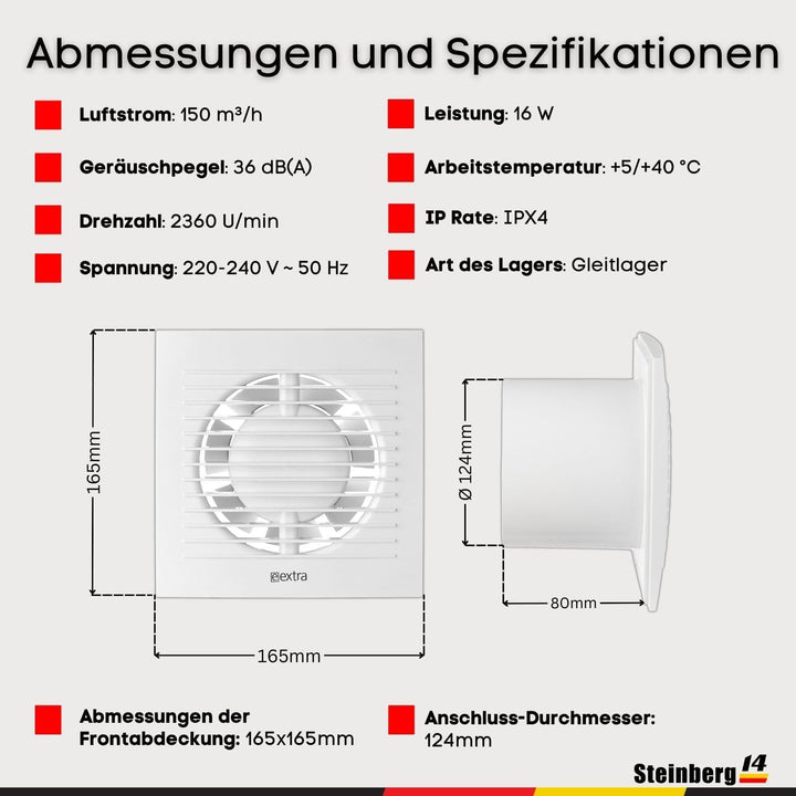 Steinberg14 Badlüfter Ø 125mm mit Feuchtigkeitssensor und Zeitnachlauf (Timer) - Weiss Ventilator Ø