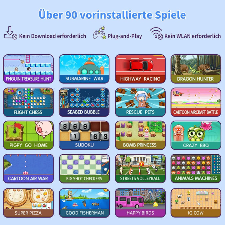 Kinder‑Spielkonsole mit über 90 integrierten Spielen, HDMI‑Plug‑&amp;‑Play, 2 kabellosen Gamepads Kinder