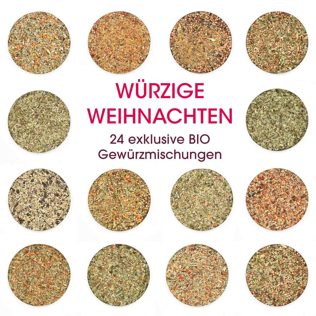 BIO Gewürz Adventskalender Würzige Weihnachten | 24 Feinschmecker Gewürzmischungen mit Rezepten | Bi