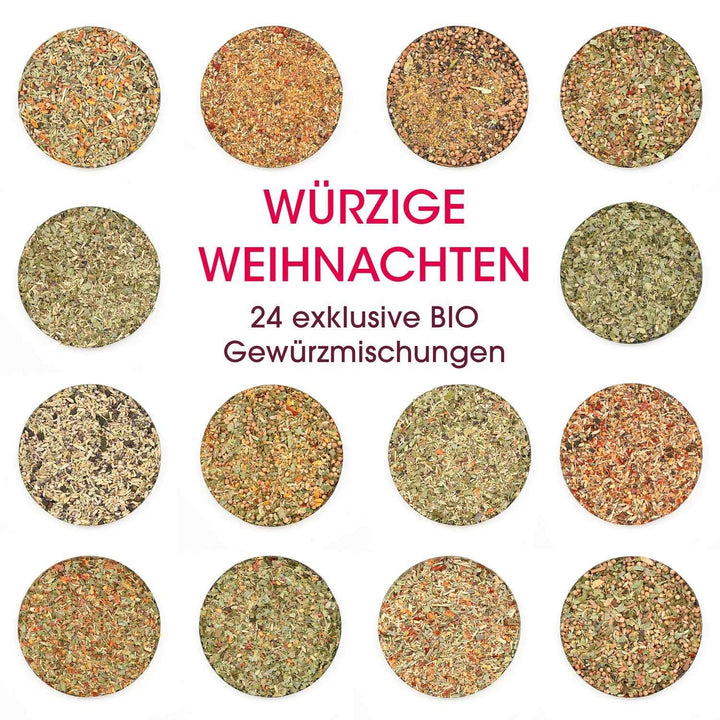 BIO Gewürz Adventskalender Würzige Weihnachten | 24 Feinschmecker Gewürzmischungen mit Rezepten | Bi