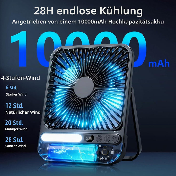 10000mAh Akku Ventilator, Sehr Leiser Tischventilator mit Lampe, 23 cm hoch, bis zu 28 Std. Laufzeit