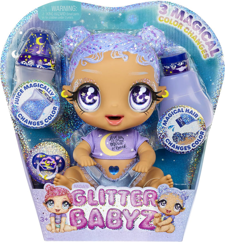 Glitter Babyz MGA Selena Stargazer - Babypuppe mit 3 magischen Farbwechseln durch eiskaltes Wasser,