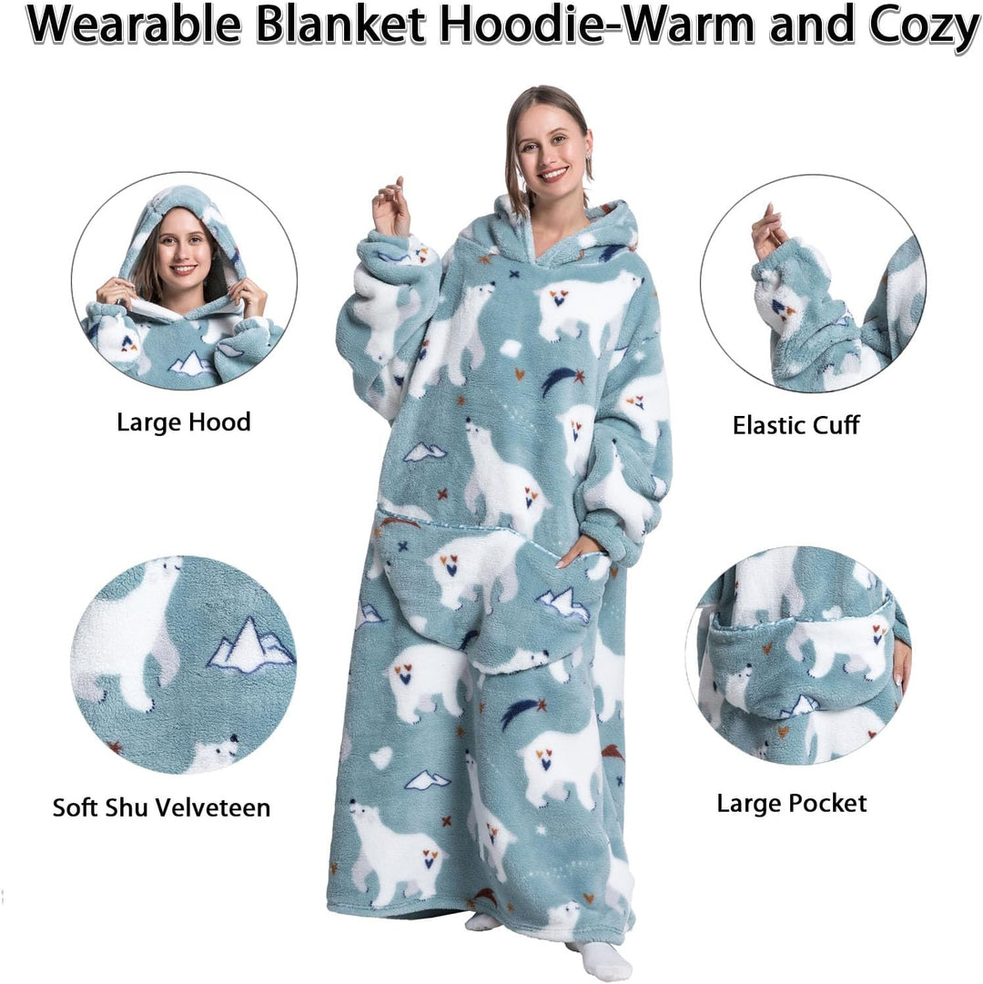 Hoodie Decke Extra Lang mit Kapuze und Tasche für Damen Herren Eisbär, Eisbär
