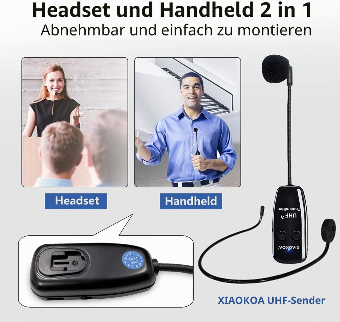 Kabelloses Mikrofon Headset, UHF Kabelloser Mic, USB-C Ladeanschluss Drahtloses Microphone, 50m Kabe