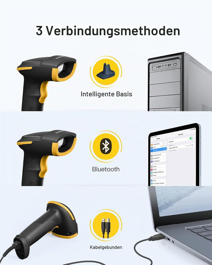 Inateck Barcode Scanner Kabellos mit Ladestation, 1D/2D/QR, BCST-54 Schwarz, schwarz