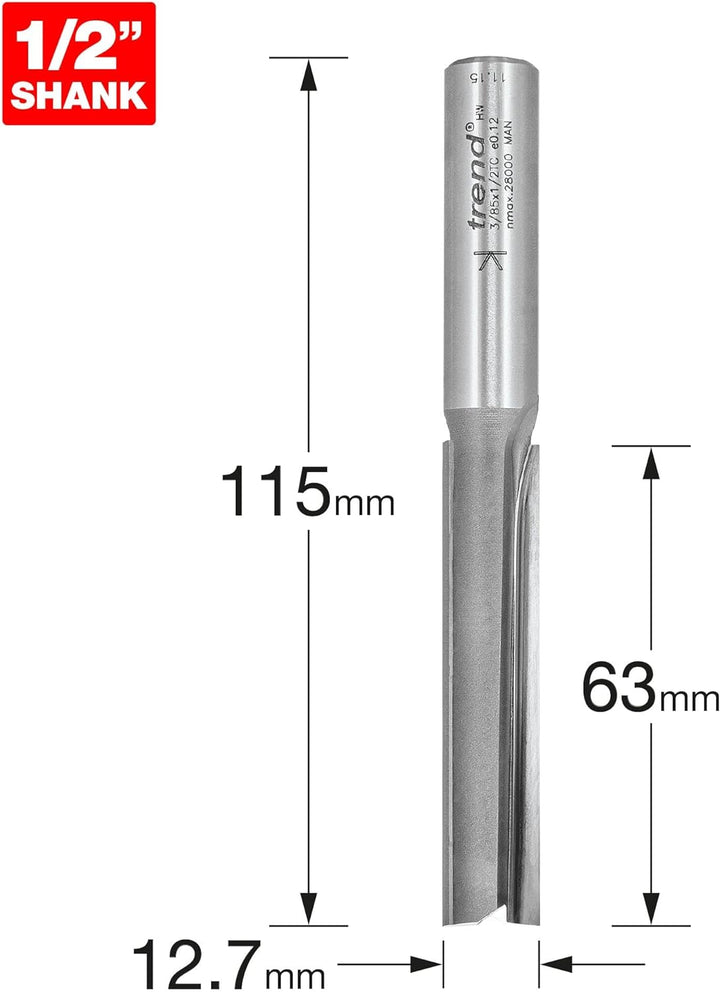 Trend - Zwei Flöten cutter 12,7mm Durchmesser - 3/85X1/2TC Shank 1/2" x Diam 1/2" x Depth 2 7/16 ",