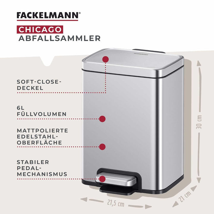 Fackelmann CHICAGO Pedal-Abfallsammler 6L – Edelstahl matt, fingerabdruckfrei, mit stabilem Pedal un