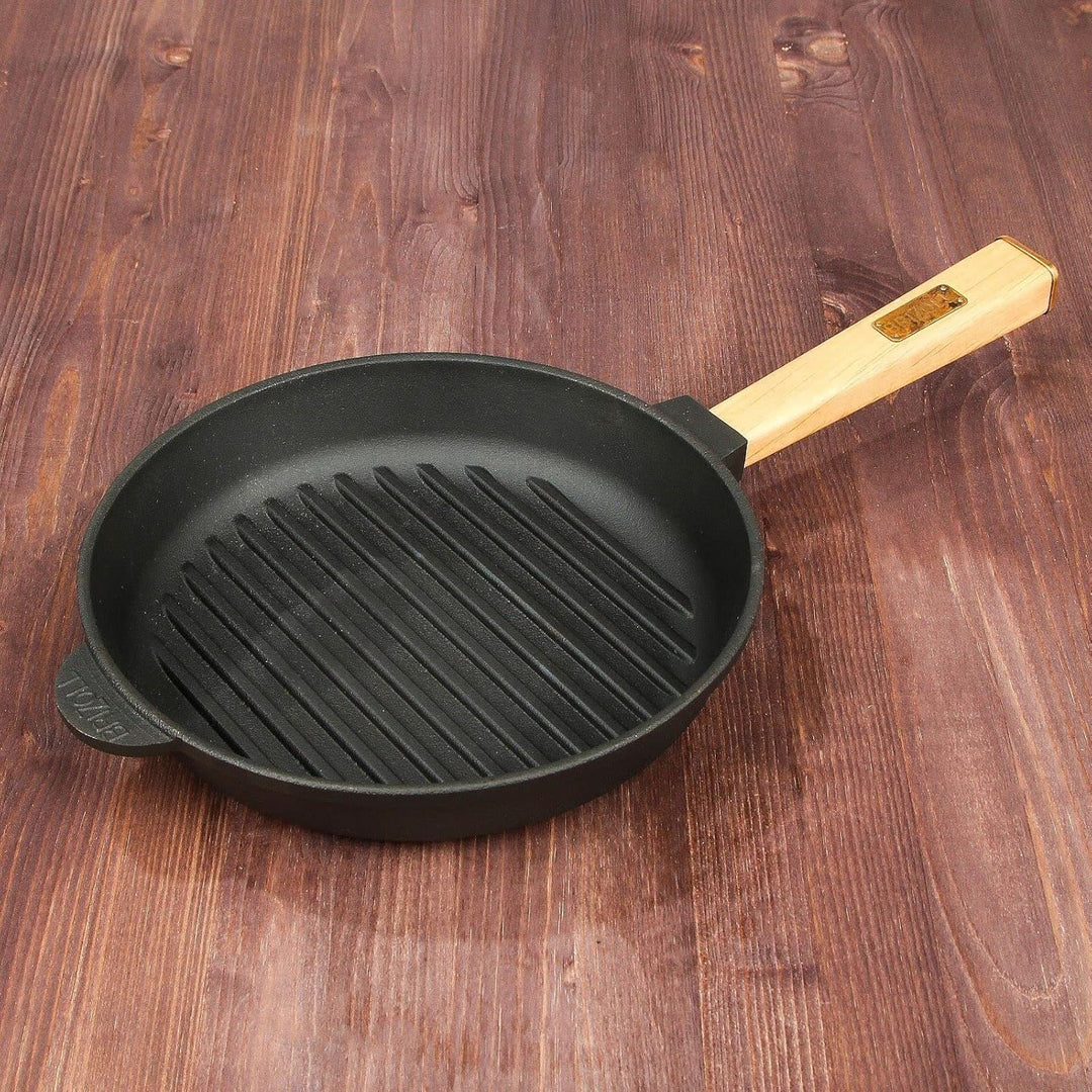 4BIG.fun Ø26cm Grillpfanne Gusseisen mit Pressdeckel Induktion Holzgriff Bratpfanne Pfanne Feuerpfan