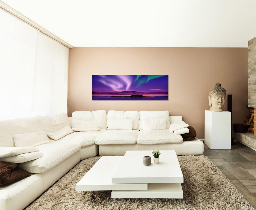 Paul Sinus Art Panoramabild auf Leinwand und Keilrahmen 150x50cm Landschaft See Berge Nordlichter Na