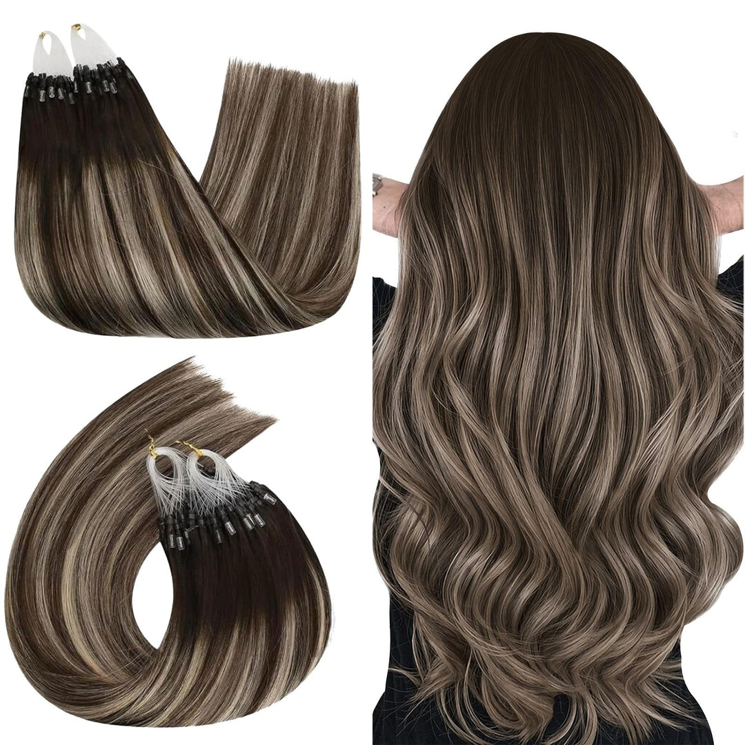 Ugeat 55cm Haarverlängerung Micro Bondings Balayage 4/18/4 Dunkelbraun Ombre Aschblond Microlink Hai