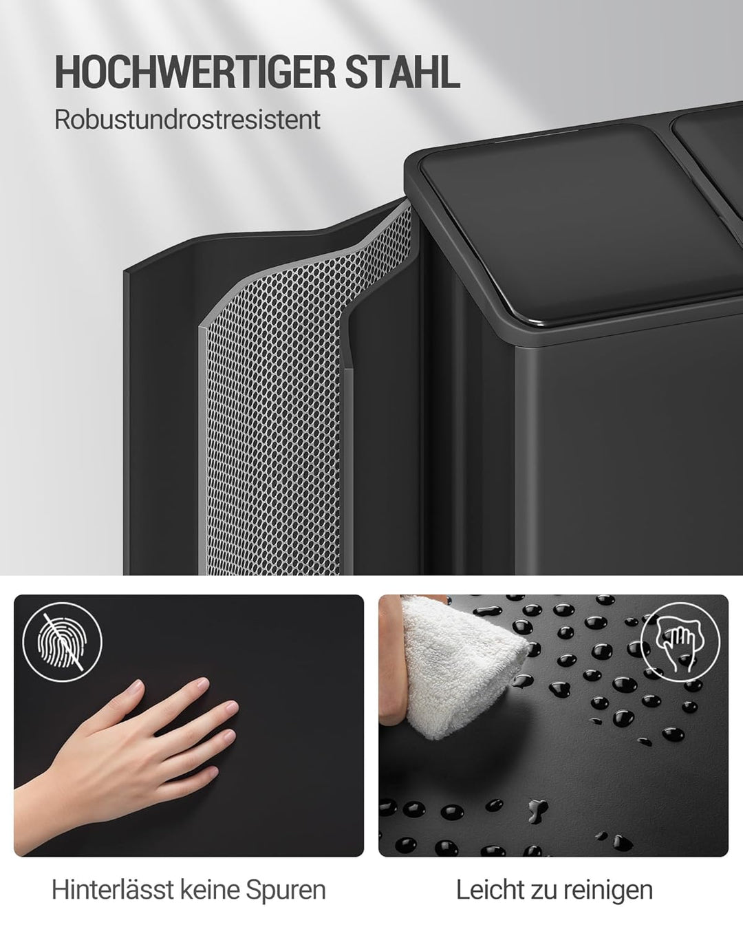 Hzuaneri Mülleimer Küche, Mülltrennsystem 3 Fächer 45L (3 x 15 L), Edelstahl-küchenmülleimer, Tretmü