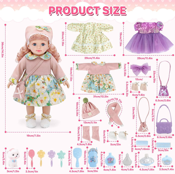 deAO 36CM Babypuppe Spielset mit 3 Puppenkleidung Tasche &amp; Haarzubehör