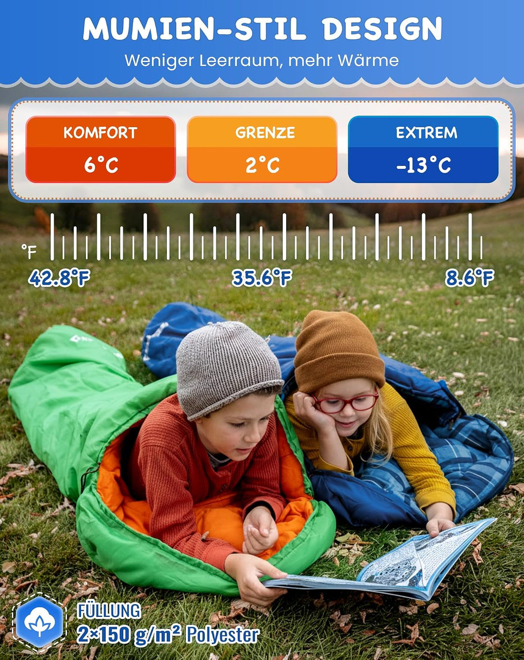 KingCamp Schlafsack Kinder aus Baumwoll-Flannel für 100-145cm | Mumienschlafsack für Kinder 10-12 Ja