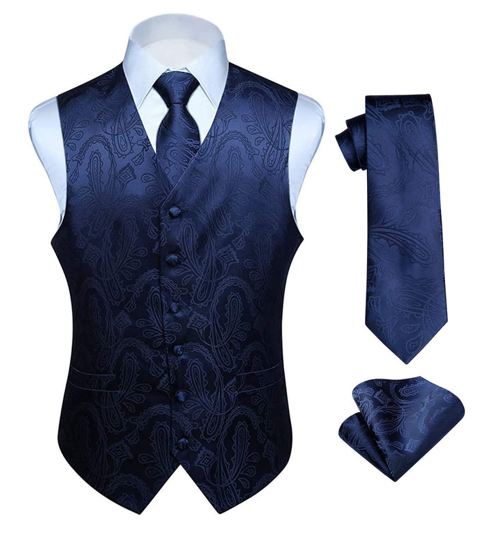HISDERN Herren FLoral Hochzeit Weste Krawatte Einstecktuch Taschentuch Jacquard Weste Anzug Set XS N