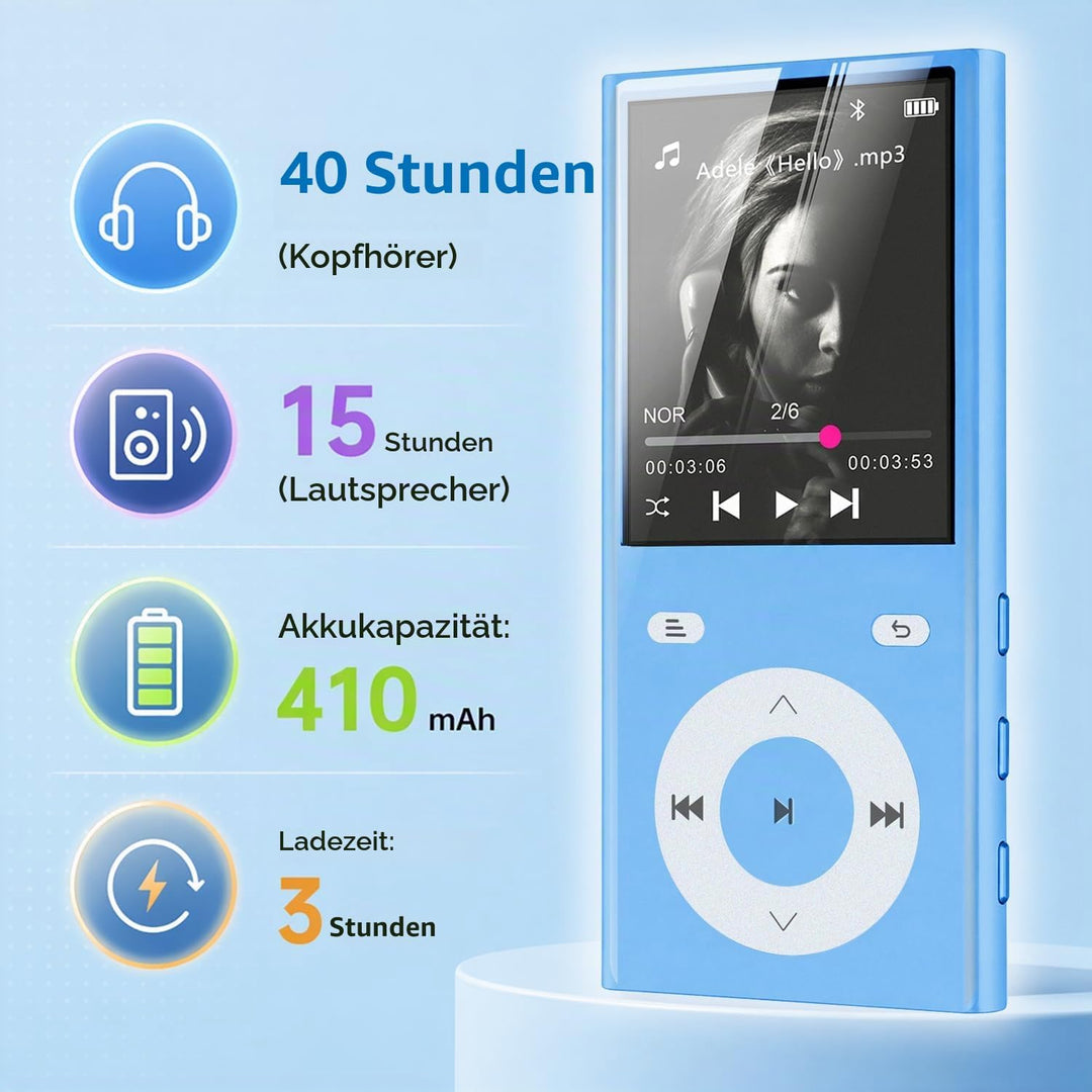 90GB MP3 Player Bluetooth 5.3, Musik Player 2 TF-Kartensteckplätzen Blau, Blau