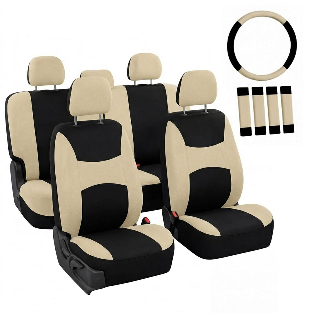 FH Group Automotive Sitzbezüge Beige Schwarz Universal Fit Sitzbezug Combo Set mit Lenkradbezug und