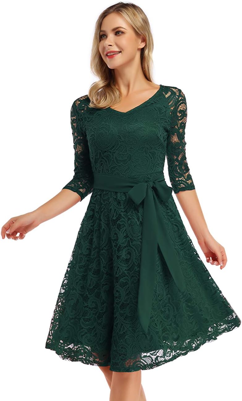 KOJOOIN Damen Vintage Brautjungfernkleider für Hochzeit Knielang Spitzenkleid Cocktailkleid Ballklei