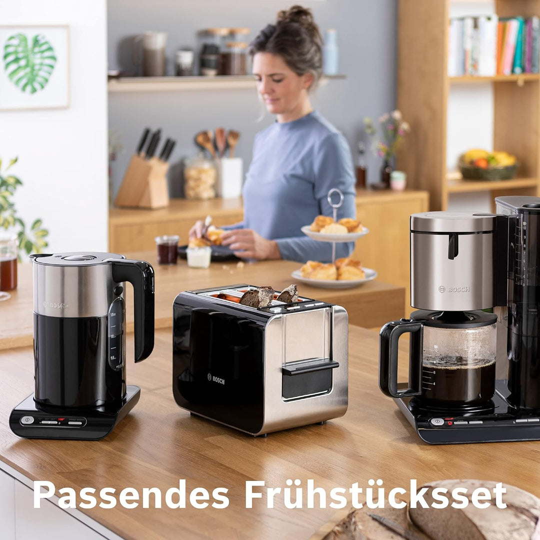 Bosch TAT7203 Kompakt-Toaster, Auftau/Aufknusperfunktion, 1050 W, Edelstahl/schwarz &amp; belloser Wasse