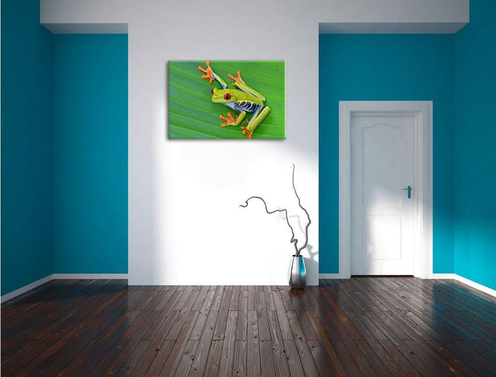 Pixxprint Kleiner grüner Frosch auf Blatt / 100x70cm Leinwandbild bespannt auf Holzrahmen/Wandbild K