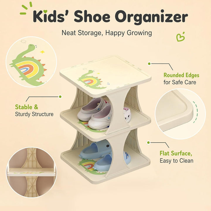 Kinder Schuhregal, 3 Ebenen, Kunststoff Schuhständer, Dinosaurier Motiv 1, 1