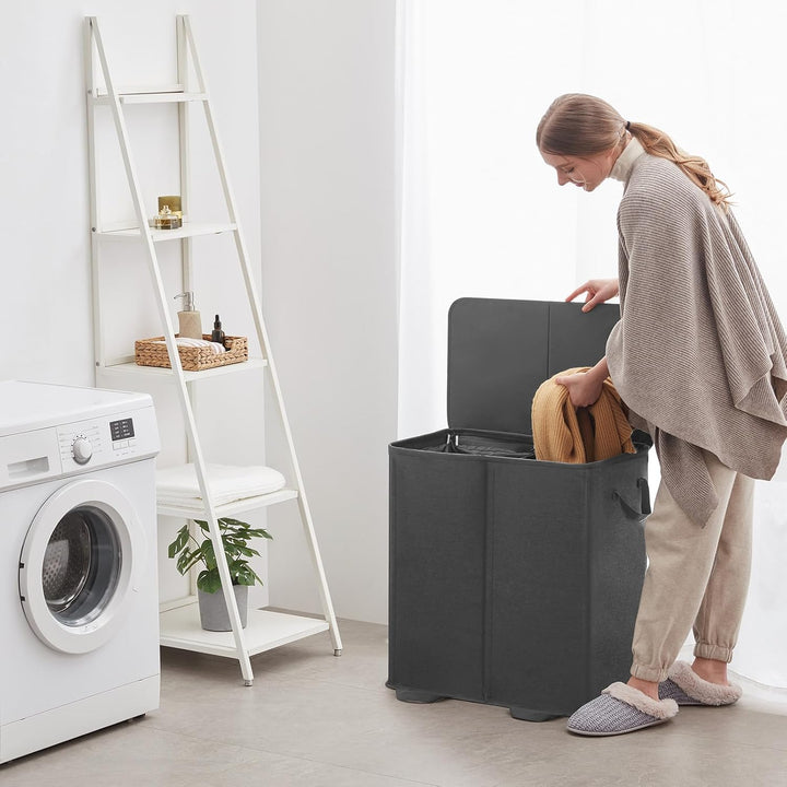 Lifewit Doppel Wäschekorb mit Deckel und abnehmbaren Wäschesäcken Schwarz 136L, Schwarz 136L