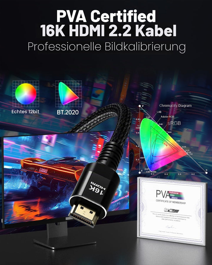 16K 10K 8K HDMI 2.2 Kabel 96Gbps 2M, Ultra High Speed HDMI 2.2 Geflochtenes Kabel 16K@60Hz 8K@240Hz