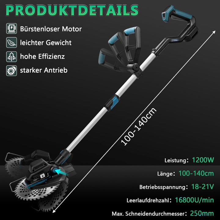 7-IN-1 Akku Rasentrimmer Kompatibel mit Makita Akkus 18V, 1200W Bürstenloser Freischneider Akku mit