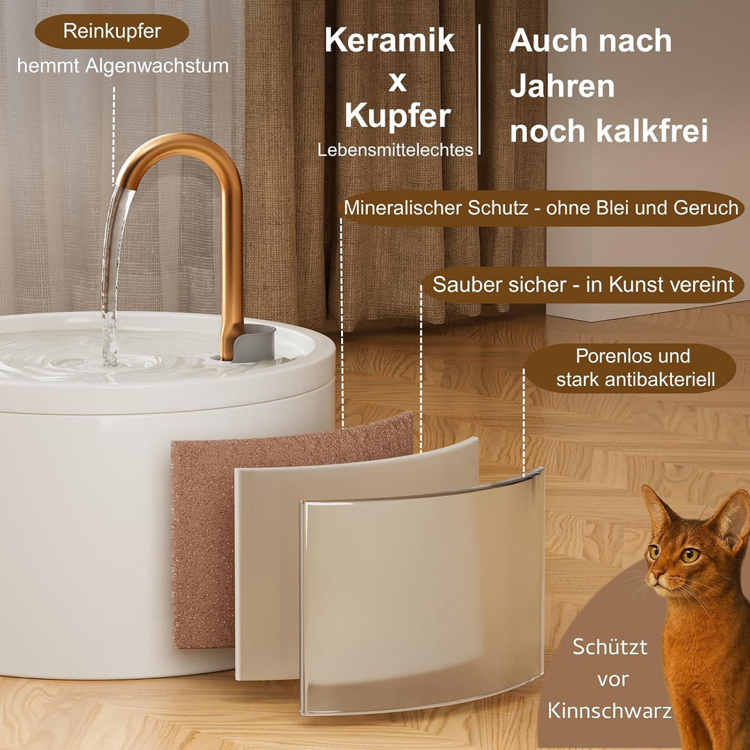 Katzenbrunnen Keramik, Trinkbrunnen für Katze 2.1L, Leiser Wasserspender Katzen, Hygienischer Pet-Br