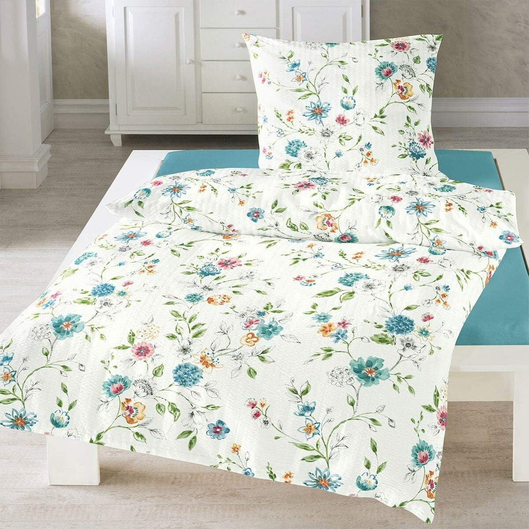TRAUMSCHLAF Seersucker Bettwäsche Blumengirlande • Florales Design in Blau-Weiss • 100% Baumwolle •