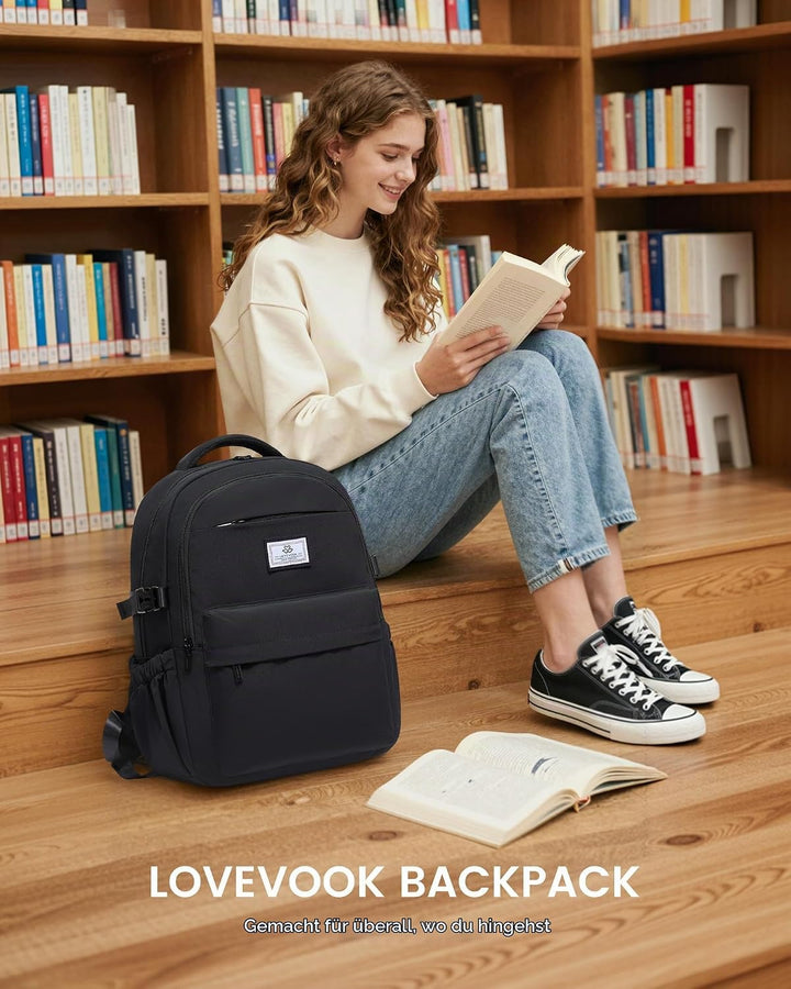 LOVEVOOK Schulrucksack Mädchen Teenager 15,6 Zoll Laptop Rucksack Damen M Schwarz, M Schwarz