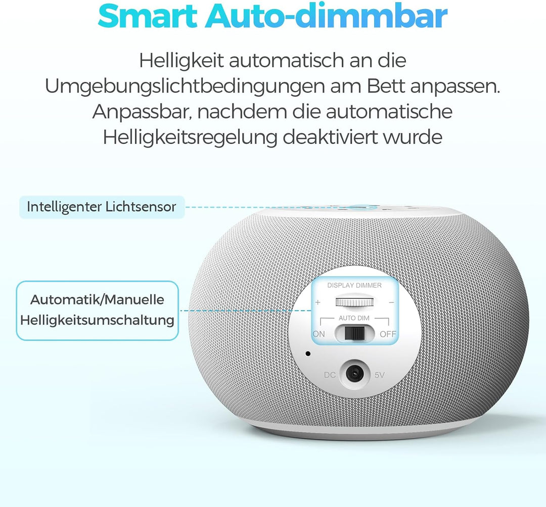 REACHER Auto-Dimmable Sound Machine Wecker mit Nachtlicht, 20 beruhigende Klänge, LED-Digitalanzeige