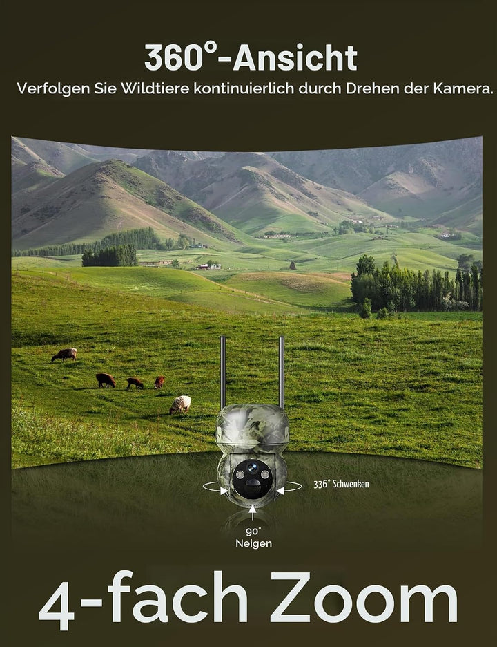 GNCC 4G LTE Wildkamera mit SIM Karte, 360° Überwachung, IP65 Wasserdicht