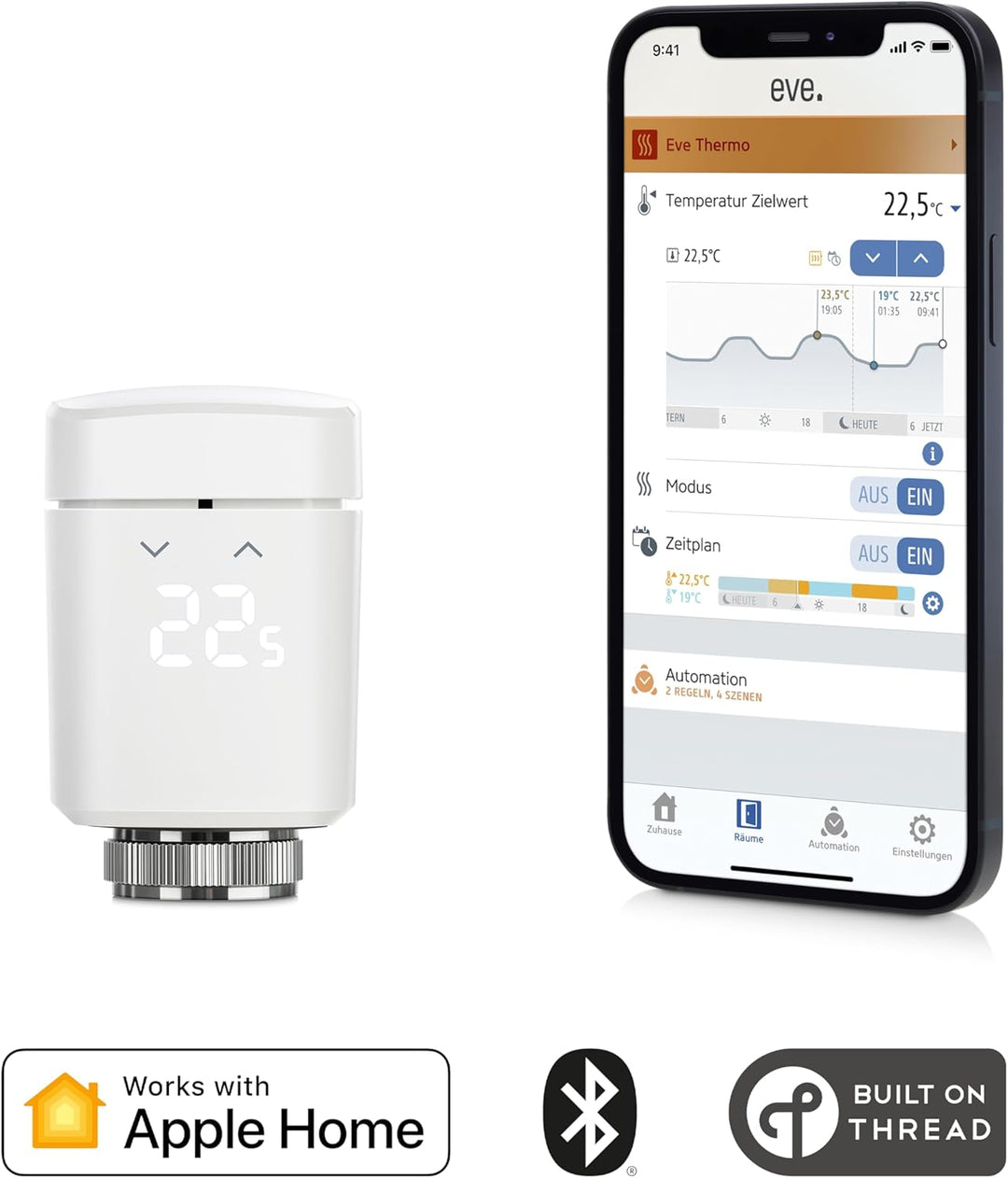 Eve Thermo - Smartes Heizkörperthermostat, Made in Germany, spart Heizkosten, Heizungssteuerung (App