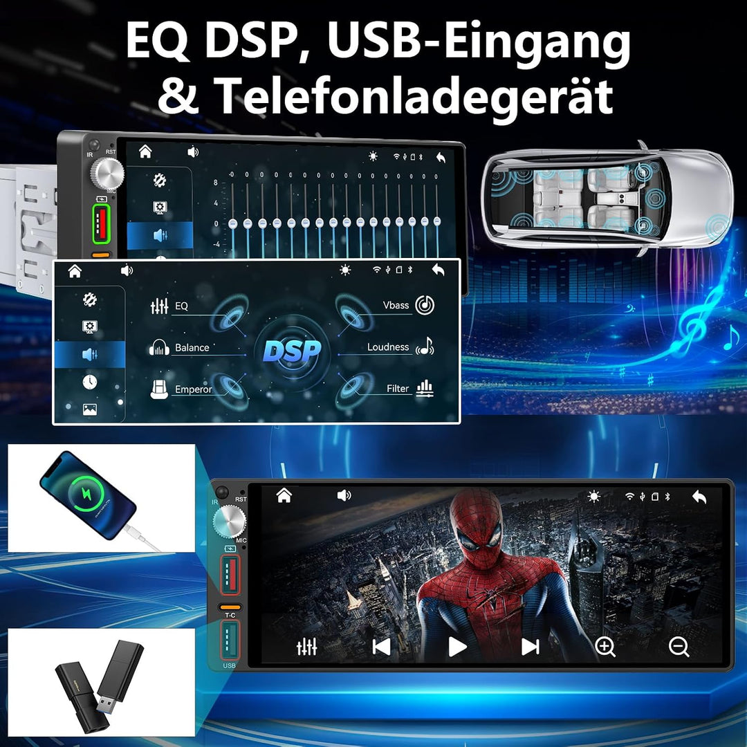 DAB+ 6,9 Zoll 1 Din Autoradio mit drahtlosem CarPlay &amp; Android Auto, Bluetooth, Full Touch Autoradio