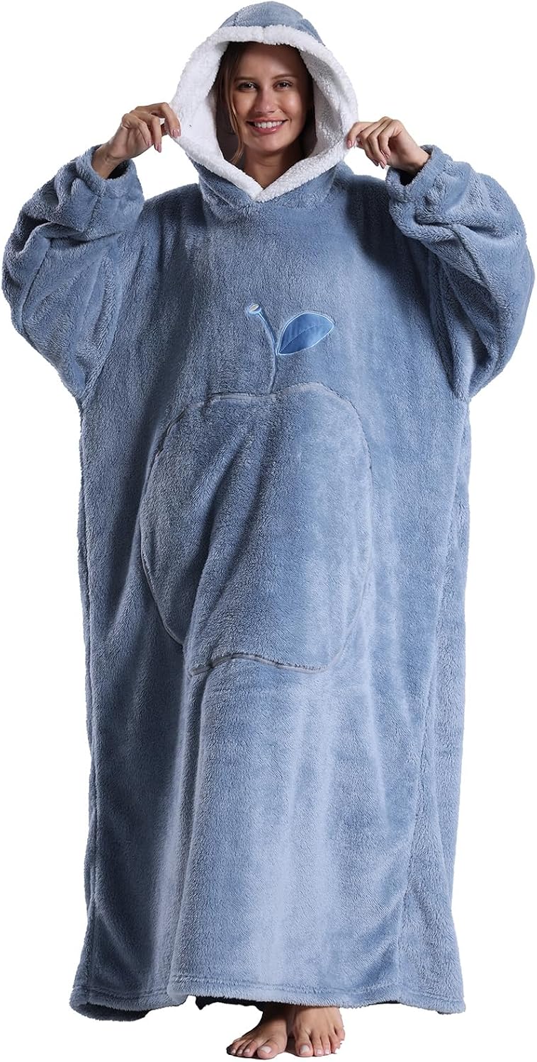 Hoodie Decke Extra Lang mit Kapuze und Tasche für Damen Herren Blau, Blau
